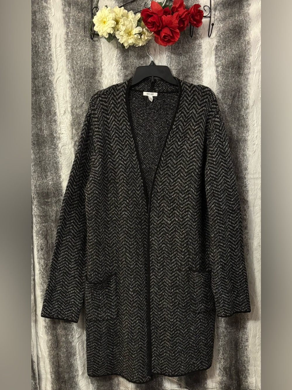 Nine West Black & Gray Herringbone Open-Front Coatigan size XXL